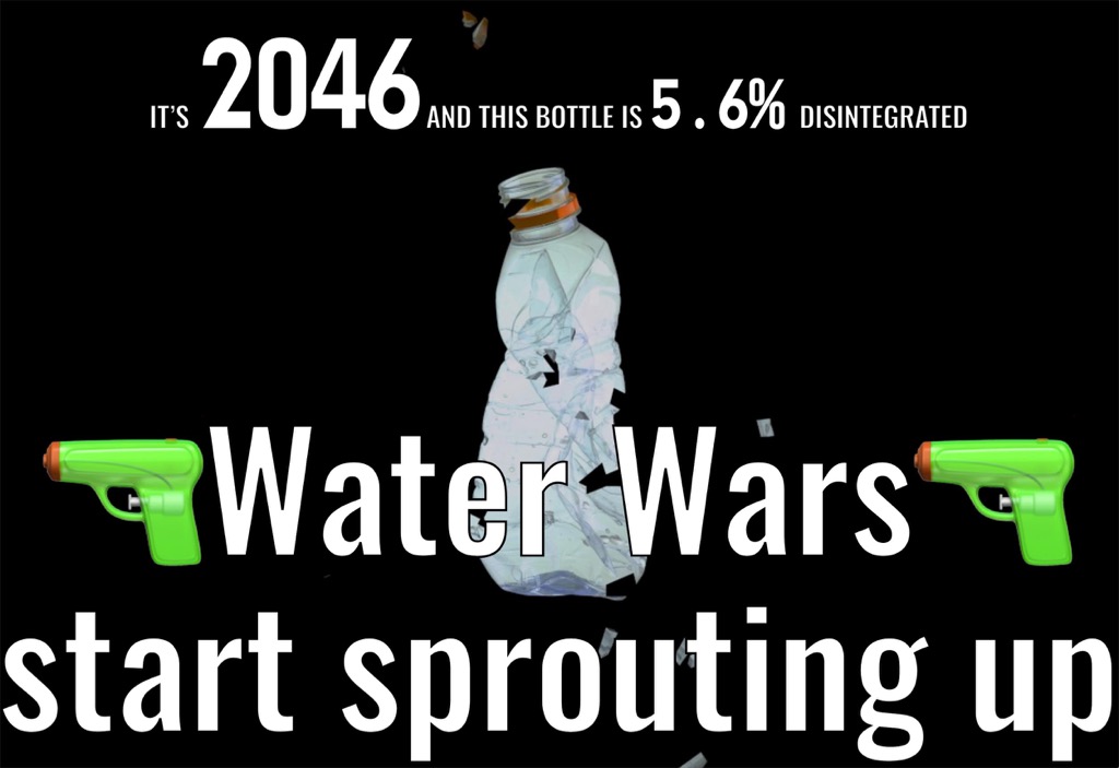 Screenshot that says "It is 2048 and this bottle is 6.1% disintegrated" on top; in the middle of the image is a photograph of a plastic bottle, and on the bottom is the text "Water Wars sprout up everywhere" sandwiched between two gun emojis; black background
